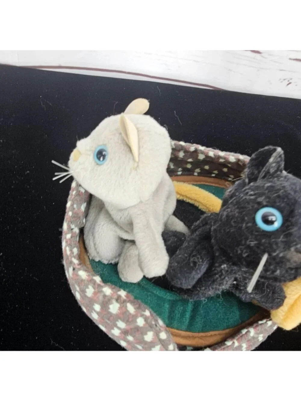 Three Folkmanis Plush Kitten Finger Puppets In Decorative Basket With Realistic